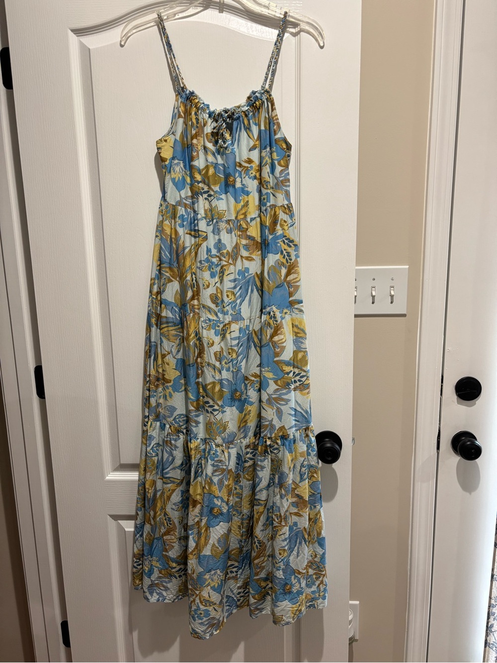 Blue and Mustard Floral Maxi Sundress with Adjustable Straps